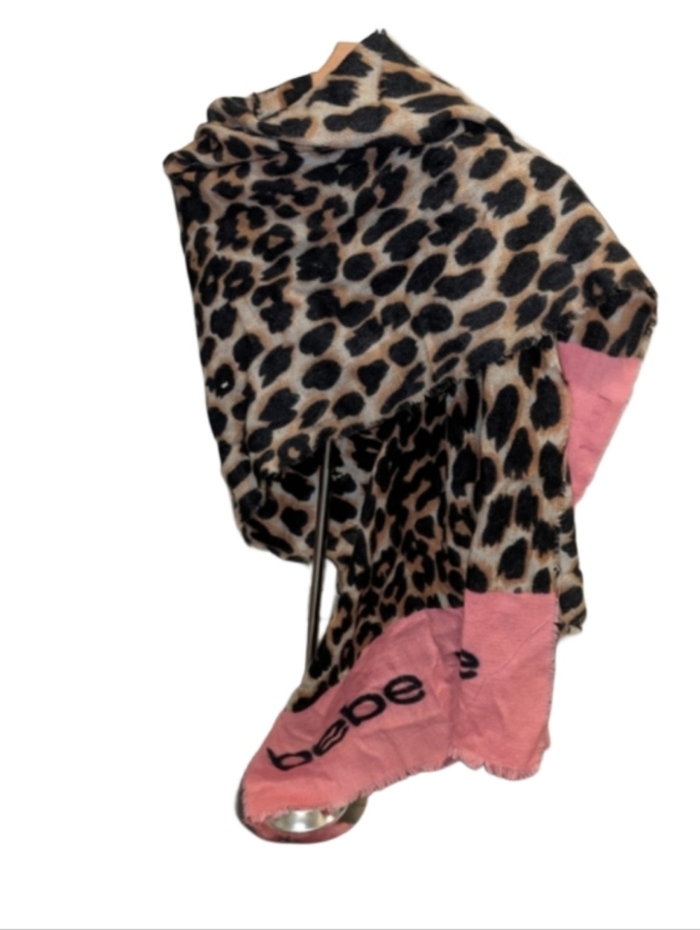 bebe Leopard Print Wrap Scarf with Pink Trim